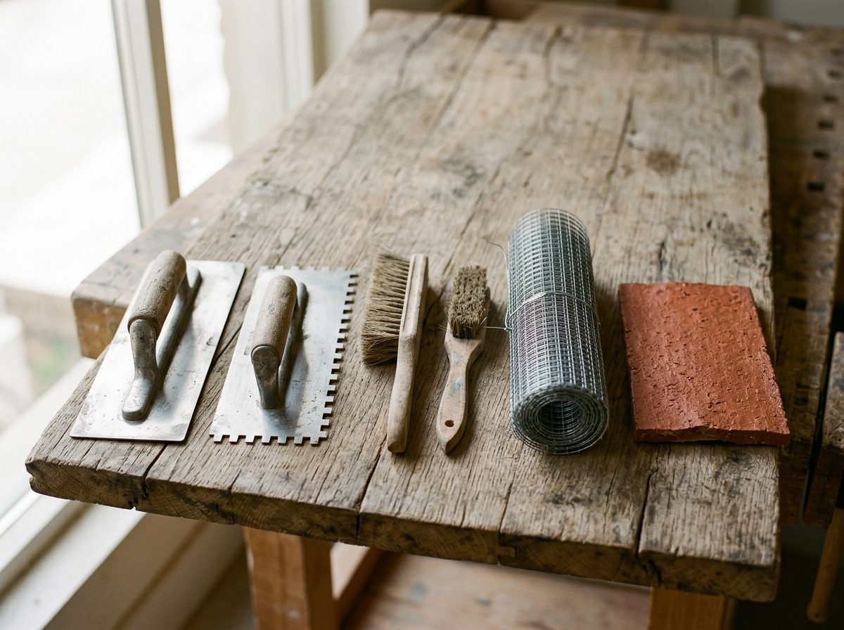 Outils de façadier disposés sur une planche : taloches, truelle crantée, brosses, trame d'armature.
