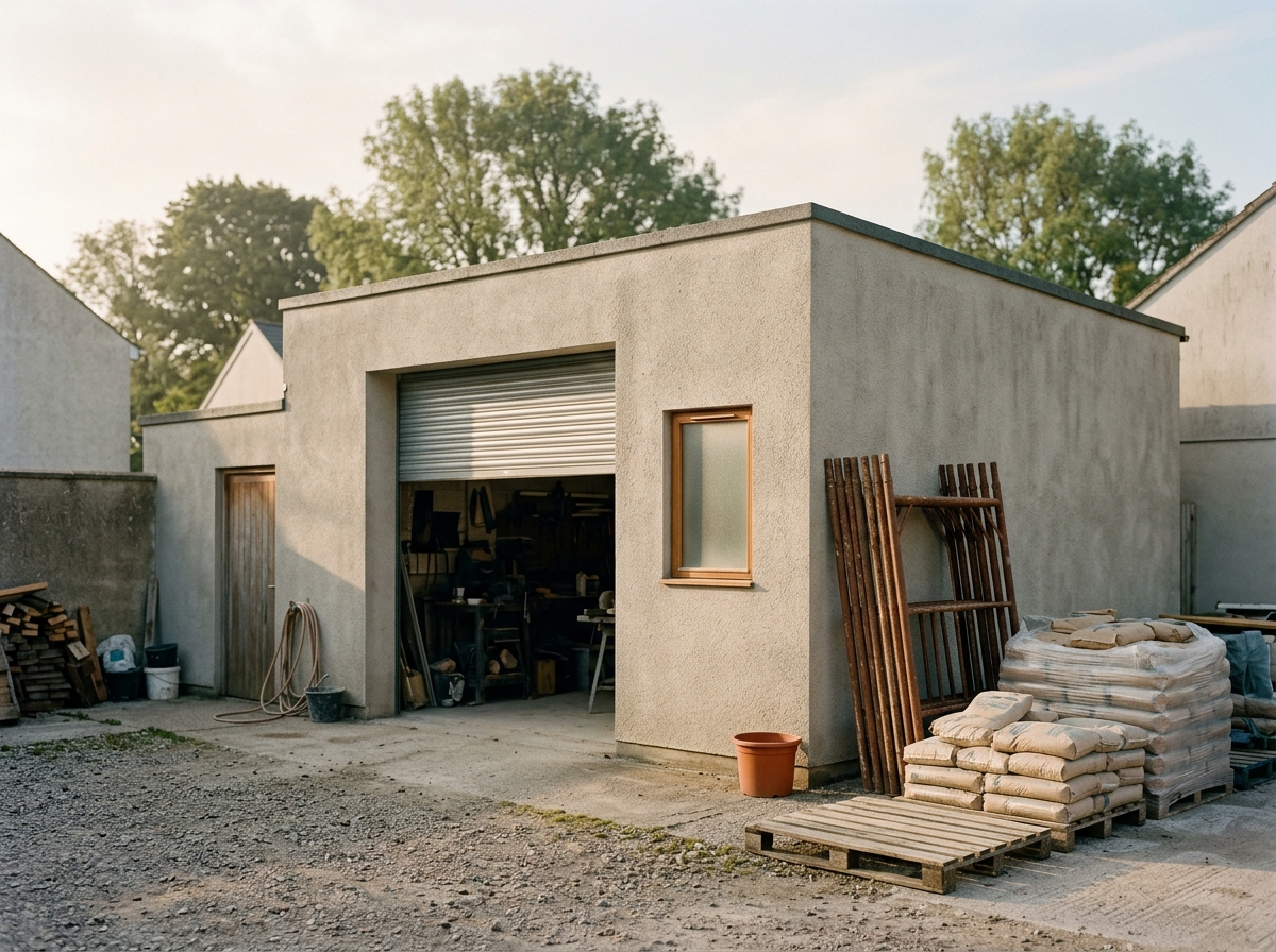 Extérieur de l'atelier : bâtiment enduit, rideau métallique, échafaudages et sacs d'enduit sur palettes.