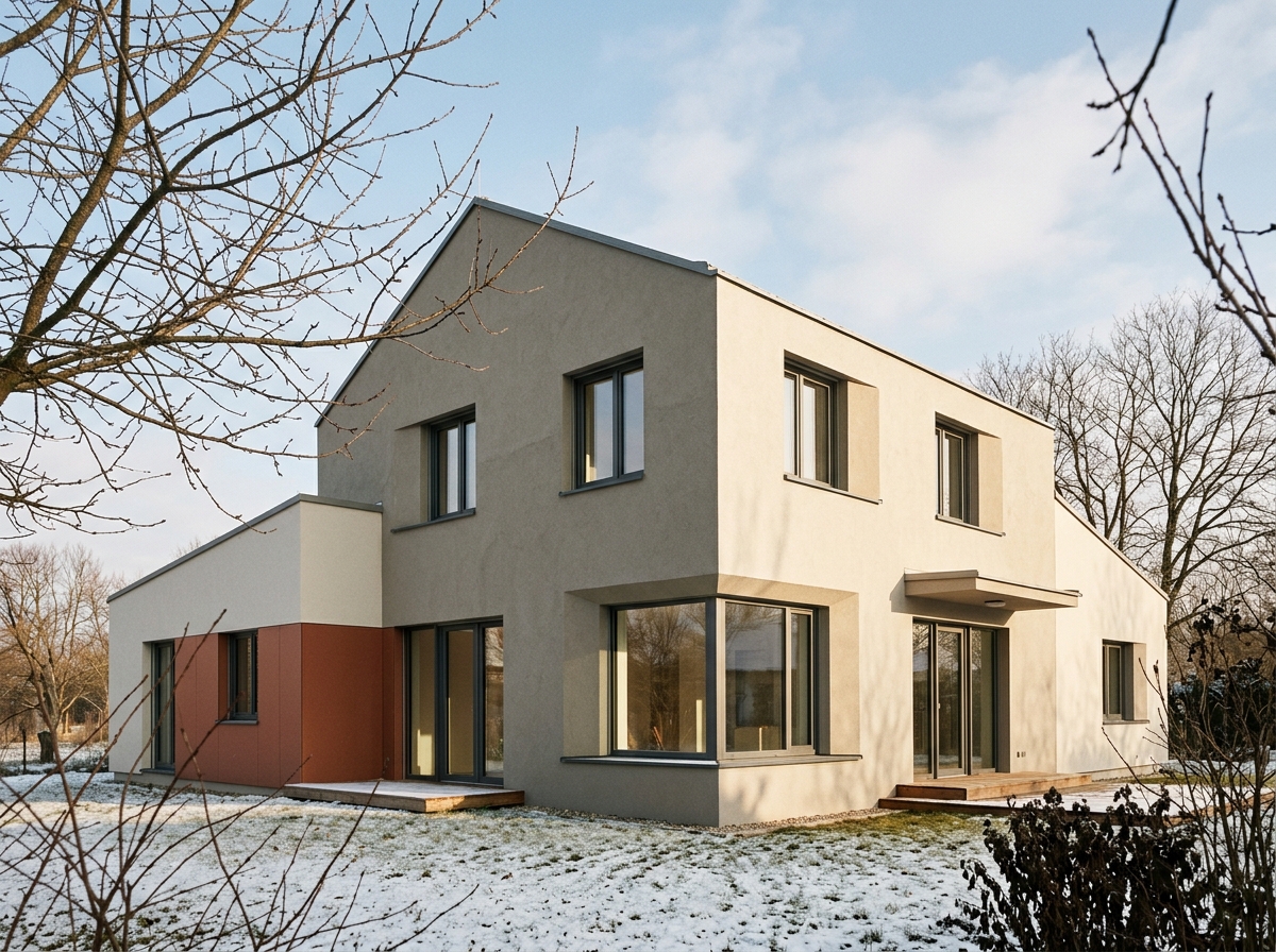 Façade de maison isolée par l'extérieur, tableaux de fenêtre profonds révélant l'épaisseur d'isolant.