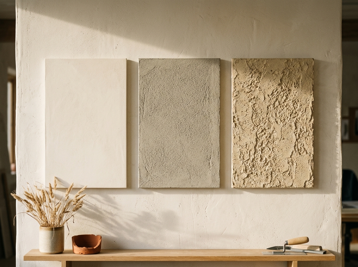 Trois panneaux d'échantillons d'enduit aux textures différentes, montés côte à côte sur un mur.