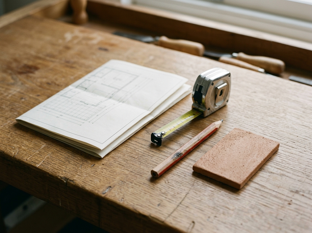 Plan papier, mètre ruban et crayon de menuisier sur un établi en bois.