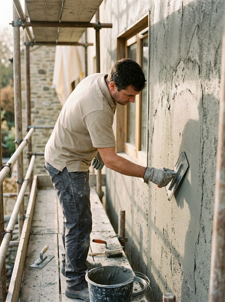 Façadier de Façades Theisen lissant un enduit gris frais à la taloche sur le mur d'une maison, depuis un échafaudage.