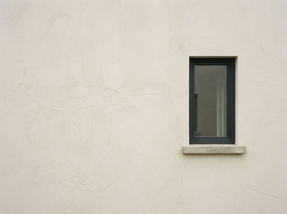 Mur de façade enduit vu de face, servant de support d'essai de teinte.