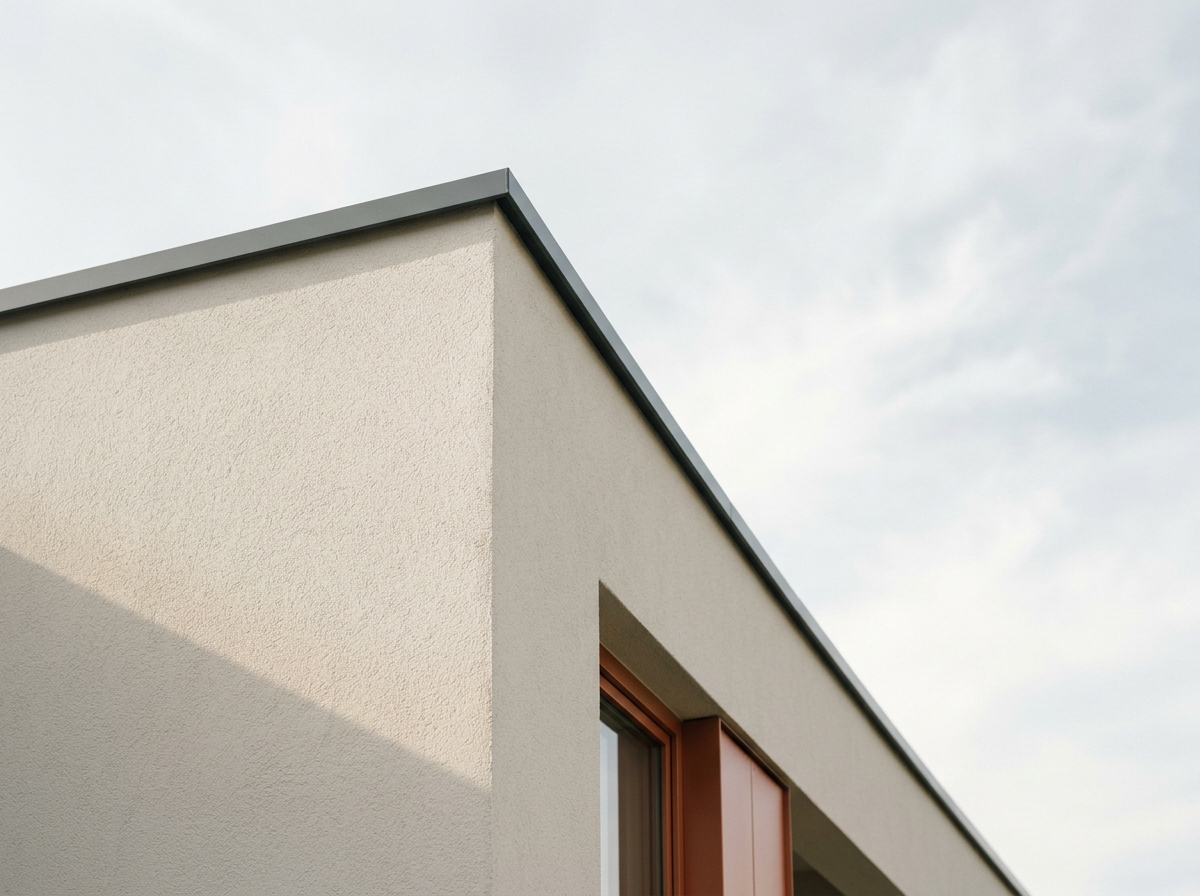 Détail d'un angle de façade fraîchement enduit, arête nette contre le ciel.