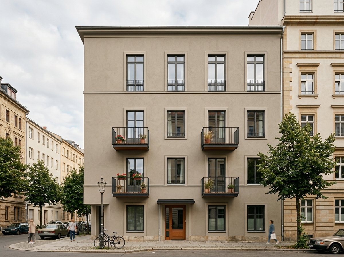 Immeuble résidentiel de quatre étages à la façade grège fraîchement rénovée.