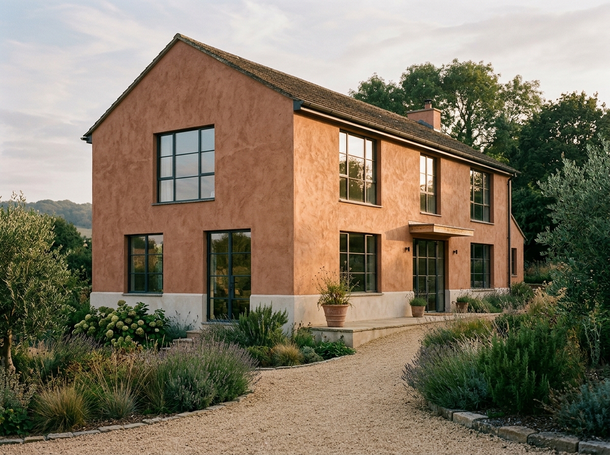 Maison à l'enduit teinte terre cuite, soubassement clair, lumière rasante.