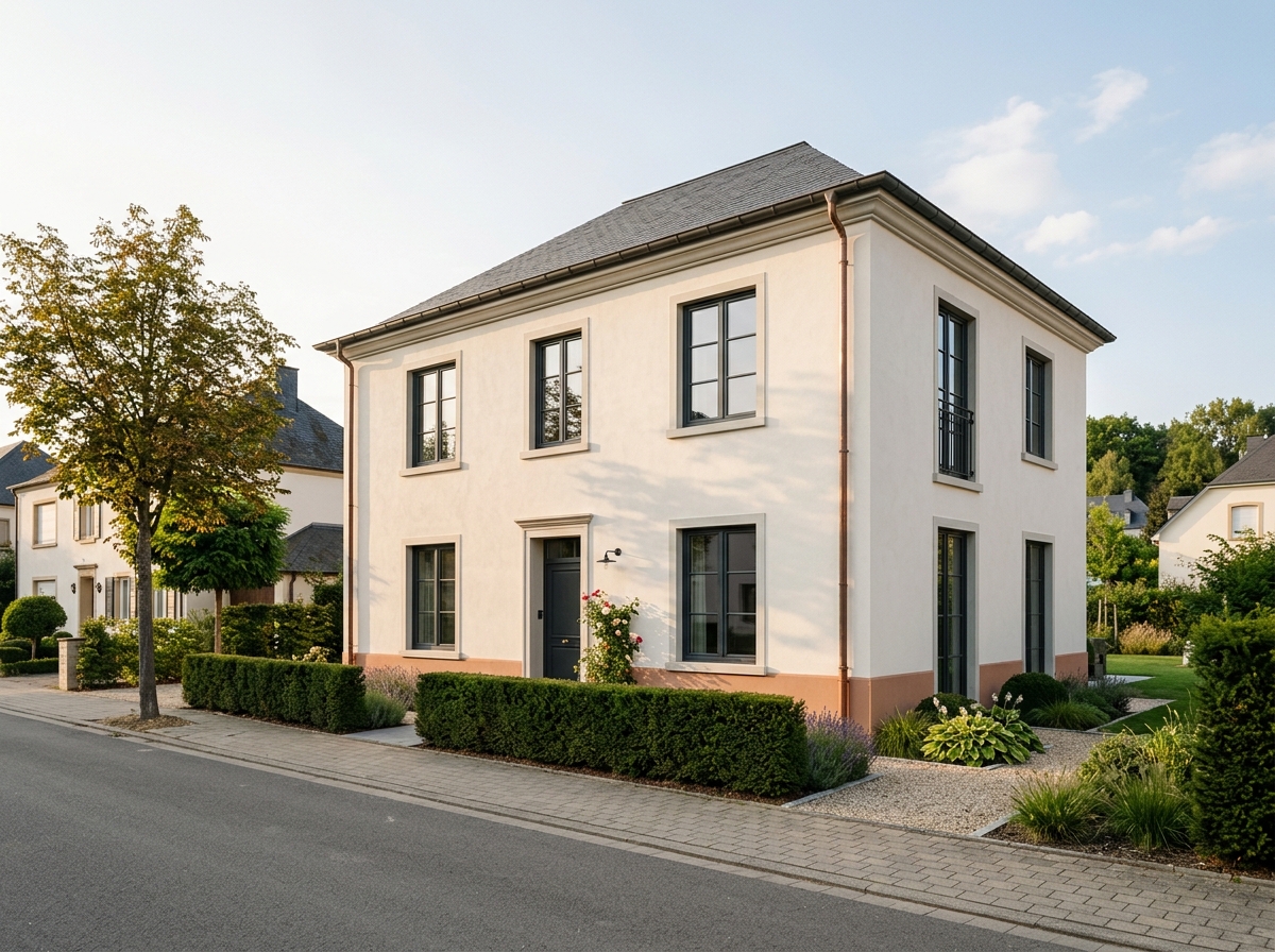 Maison luxembourgeoise à la façade fraîchement enduite, vue de la rue.