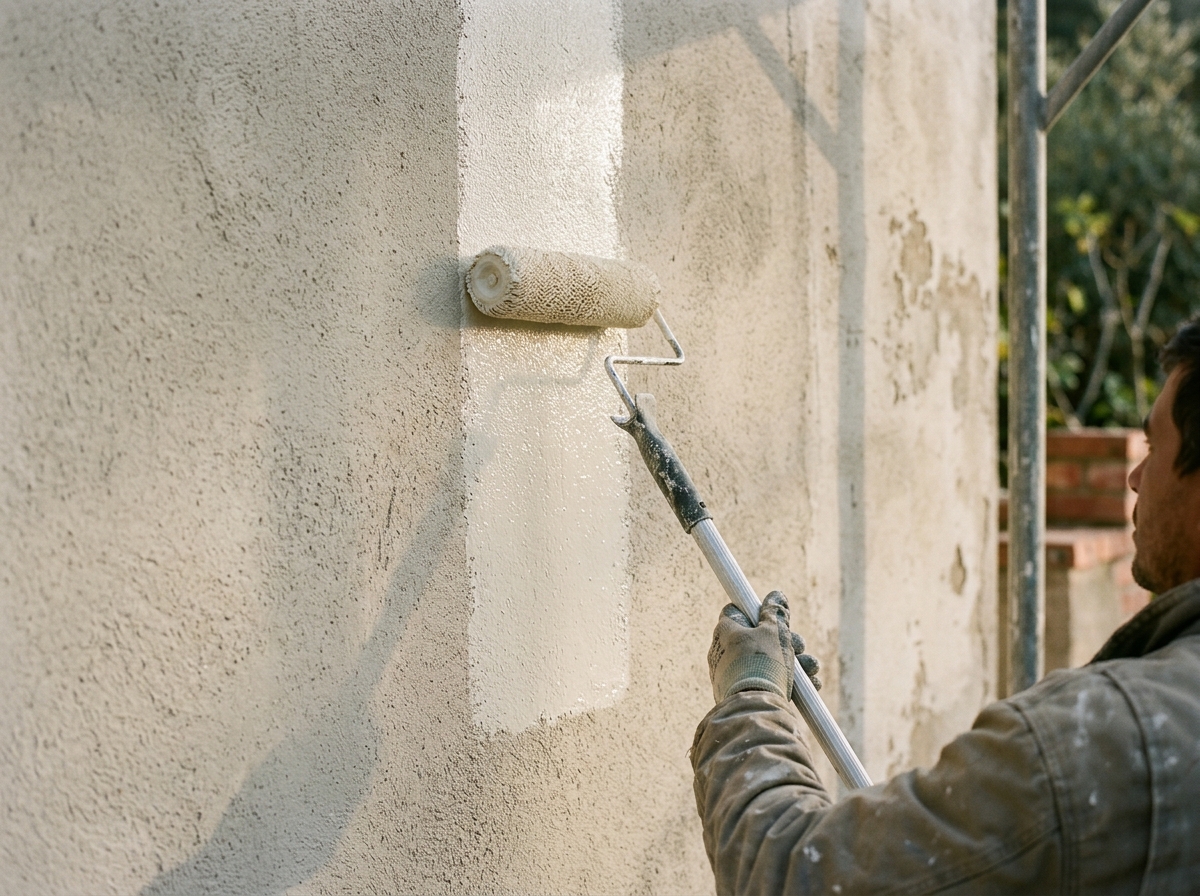 Rouleau à manche long appliquant une couche mate sur un mur de façade.